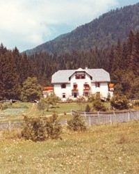 Haus zwischen Bäumen, vor einem Berg